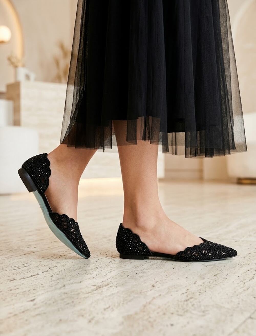 Betsey Johnson Women’s Lucy Beaded Fancy Laser-Cut D'Orsay Flats Size 7 Black